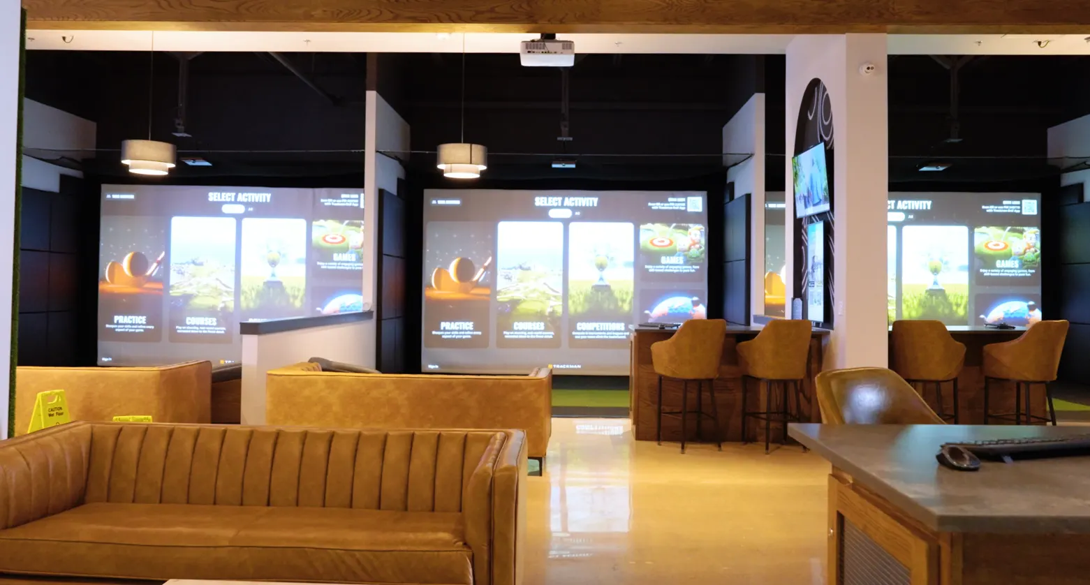 Lounge seating and simulator screens